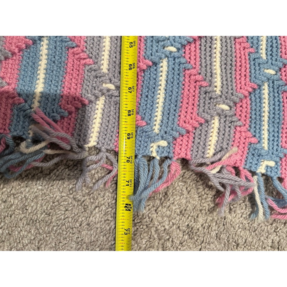 Handmade Crochet Blanket Throw Pink Blue‎ Gray White Striped Afghan Cottage - Picture 6 of 8